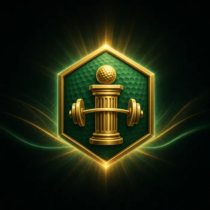 The GolfBod emblem — a golf ball and barbell on a gold pedestal, set within a green hexagon.